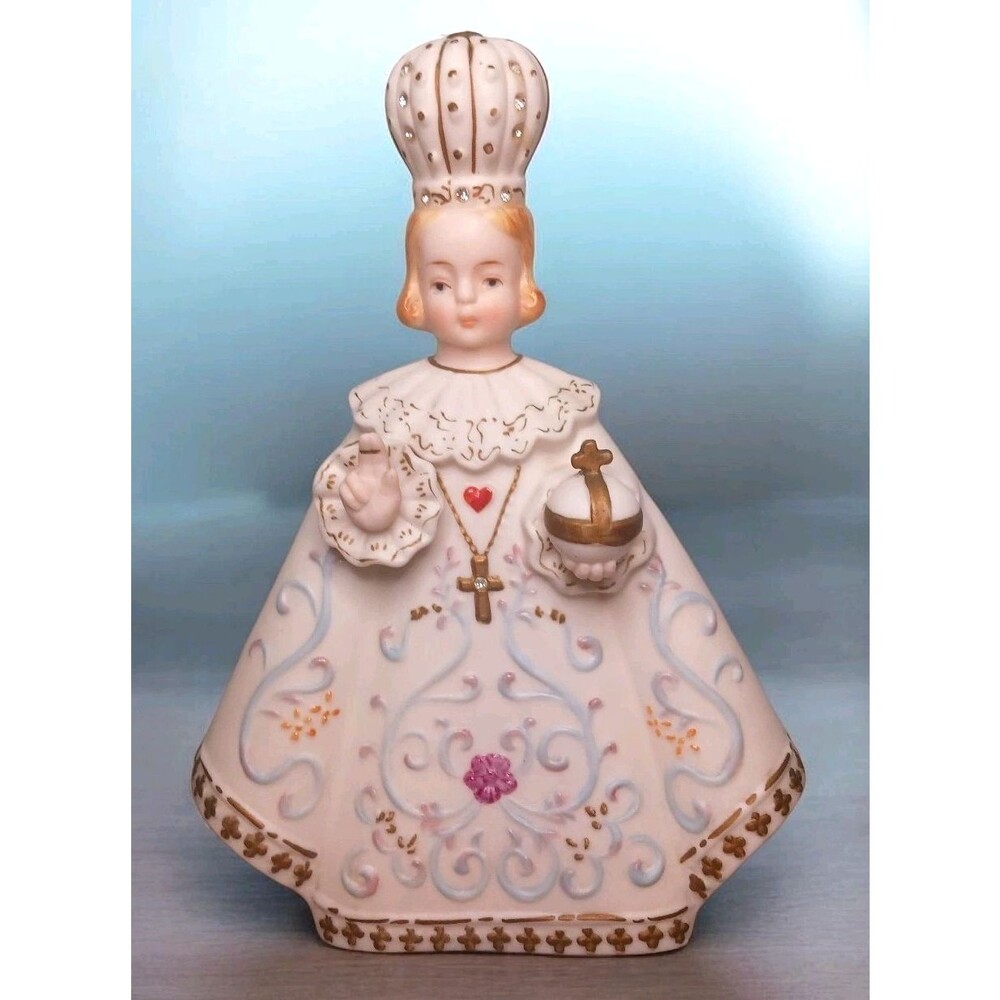 Vtg Infant of Prague Child Jesus 11" Bisque Figurine Jeweled Crown Tilso Japan